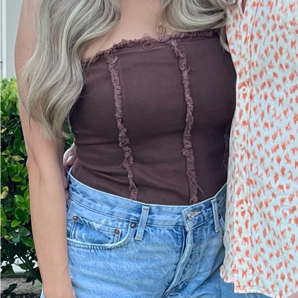 Brown Western Frayed Strapless Top